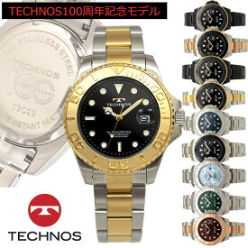 【アウトレット】【訳あり：A】【正規品】TECHNOS テクノス100周年記念モデル 腕時計 T9C29シリーズ メンズ クォーツ 回転ベゼル 三針 カレンダー T9C29TB GB BP BG PB SB AP SM SN SI ブラック ゴールド ブラウン アイス ブルー グリーン ピンクゴールド シルバー