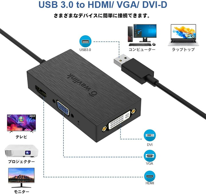 楽天市場】WAVLINK USB 3.0 デュアル 2K ディスプレイ アダプター/HDMI VGA DVI 変換 アダプター/デュアル 2K（1920x1080P@60Hz）ディスプレイ出力/1ｘ  HDMI出力ポート/1ｘVGA出力ポート/1ｘDVI出力ポート搭載 : WAVLINKダイレクト楽天市場店