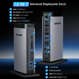 yƊEgbv̐MzWAVLINK 15|[g@\hbLOXe[VbUSB-C/ThunderboltΉ Triple 4K HDMI/DP 3j^[ΉbRJ45MKrbgLAN SD/TFJ[h USB-C/A 5-10Gbpsb100Wm[gPC[d 130Wdt
