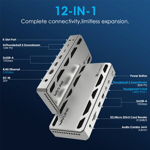 【お取り寄せ】WAVLINK Thunderbolt 5 ドッキングステーション 最大120Gbps 高速転送 140W急速PD充電 8K144Hz/6K60Hz映像出力対応 12ポート拡張 USB-A×4 10Gbps対応 SDカード UHS-II LANポート搭載 Mac Windows対応 高