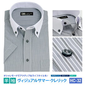半袖ワイシャツ 半袖 メンズ クレリック ワイシャツ ボタンダウン グレーボーダー 形態安定 Yシャツ ビジネス 6サイズ スリム M L 標準体 M L LL 3L から選べる HC-32