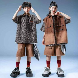 子供服 ダンス衣装 ヒョウ柄 半袖 デニムベスト パンツスーツ 茶色 ヒップホップ パフォーマンス ストリート ステージ コスチューム ジュニア キッズ ウエスタン カジュアル