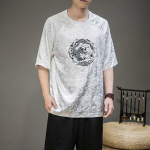 ルームパンツ ジョガー 羽織 和風カーディガン 着物ジャケット 袴 パンツ Tシャツ メンズ 半袖 Tシャツ 太い ゆったり 大きいサイズ チャイナ風 ドラゴン柄 刺繍 ジャガード 夏 トップス 中国