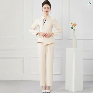 エステ ユニフォーム 9分袖 春秋 制服 サロン 技術者 作業服 レディース カーキ 緑 無地 スタンドカラー 速乾 ストレッチ パンツ 上下セット 大きいサイズ おしゃれ