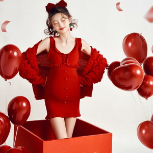 フォト 衣装 マタニティ おしゃれ ファッション ポートレート 赤 ツイスト セーター 写真 スタジオ 撮影 フリーサイズ レッド かわいい セット ポリエステル