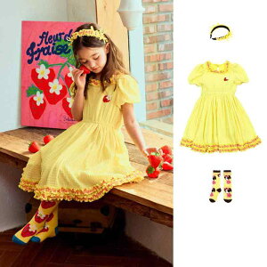 ワンピース 女の子 キッズ 子供服 韓国風 おしゃれ かわいい いちご刺繍 半袖 Aライン フリル裾 プリーツ ポリエステル 夏 普段使い お出かけ