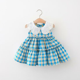 ワンピース 女の子 夏 ノースリーブ ドールカラー チェック柄 プリンセス ジャンパースカート 綿混 子供服 かわいい ブルー お出かけ 普段使い カジュアル ベビー 幼児 柔らかな肌触り 裏地綿