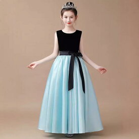 ドレス 女の子 プリンセスドレス ノースリーブ 子供用 ピアノ発表会 ヴァイオリン演奏会 舞台 司会 フォーマル ロングワンピース ポリエステル ゴールド ライトブルー セレモニー パーティー 衣装