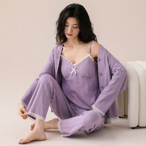 パジャマ レディース 女性用 カップ付き キャミソール 長袖 ロングパンツ 3点セット コットン 綿混 ルームウェア 部屋着 ナイトウェア セクシー 大人可愛い 快適 伸縮性 通気性 Vネック 春秋