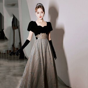 ドレス レディース イブニングドレス パーティードレス フォーマルドレス スクエアネック Aライン ロング丈 ハイウエスト パフスリーブ レースアップ ブラック エレガント 上品 シンプル 宴