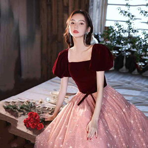 ドレス レディース 結婚式 披露宴 お色直し 二次会 婚約 フレンチスタイル シンプル エレガント 上品 プリンセスライン ハイウエスト ロング丈 パフスリーブ フォーマルドレス レースアップ