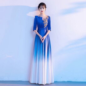 ドレス レディース 女性用 合唱服 礼服 グラデーション 舞台衣装 ステージ衣装 演奏会 発表会 合唱団 朗読会 コンクール フォーマル パーティー ロング丈 Aライン スクエアネック 長袖 立体装飾 切り替えデザイン