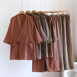 パジャマ メンズ 和風 作務衣風 純綿ダブルガーゼ ルームウェア 上下セット 大きいサイズ ゆったり Vネック 長ズボン 先染め 小格子柄 薄手 通気性 快適 春夏秋