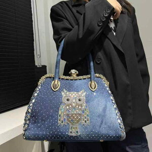 トートバッグ レディース 女性用 デニム ジーンズ生地 フクロウモチーフ ラインストーン ビジュー装飾 普段使い デイリーユース お出かけ 手提げかばん 柔らかな 楕円形 ロック式 金具留め