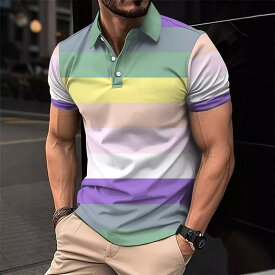 ポロシャツ メンズ 夏 薄手 半袖 襟付き 3Dデジタルプリント ストライプ ビジネス カジュアル 通勤 デイリーユース トップス ポリエステル スリムフィット 通気性 吸湿速乾