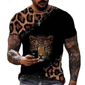 Tシャツ メンズ 男性用 夏物 半袖 動物柄 ヒョウ柄 3Dプリント アニマル柄 ポリエステル ゆったり ビッグシルエット ルーズフィット 薄手 軽量 カジュアル 普段使い ストリートファッション トップス