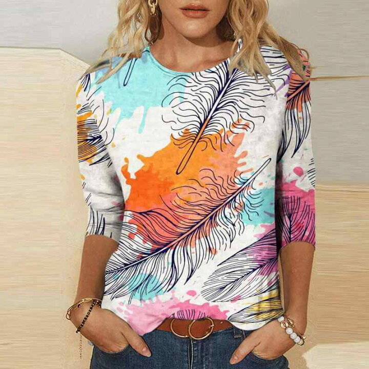 楽天市場】Tシャツ レディース 七分袖 3Dプリント 花柄 蝶柄 総柄 