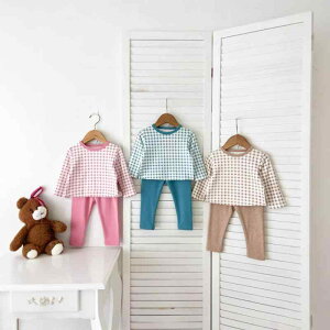 ベビー服 男女兼用 赤ちゃん 春秋 韓国風 綿 コットン チェック柄 長袖 ボディスーツ 長ズボン 2点セット 柔らかい肌触り ウエストゴム インナー ルームウェア 普段使い セットアップ