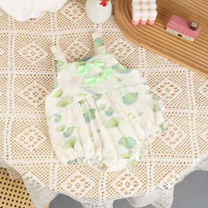 ロンパース 女の子 ベビー 新生児 赤ちゃん キャミソール 薄手 夏服 カバーオール コットン 肌着 お宮参り 百日祝い セレモニー 三角タイプ ボディスーツ グリーン リーフ柄 普段使い