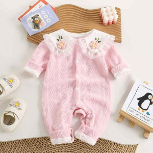 ロンパース 女の子 ベビー カバーオール 春秋 長袖 薄手 かわいい 小花柄 ビッグ襟 二重仕立て 肌に優しい ポリエステル 前開き ボタン留め おしゃれ 普段着 ピンク