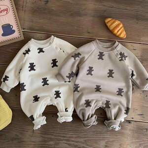 ロンパース ベビー キッズ 男女兼用 韓国風 総柄 クマ 長袖 カバーオール 秋冬 厚手 綿素材 赤ちゃん服 ボディスーツ ジャンプスーツ 暖かい 防寒 前開き おしゃれ ベージュ カーキ 子供服