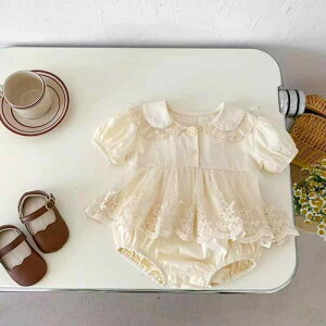 ロンパース 女の子 ベビー 半袖 レース プリンセスデザイン 三角タイプ 春夏 綿100% カバーオール 女児 新生児 お宮参り 満月 百日祝い おしゃれ かわいい 薄手 コットン ベージュ