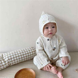 ロンパース カバーオール ベビー服 男の子 女の子 男女兼用 春秋 綿 ワッフル生地 ゆったり リラックス 梨柄 パジャマ ルームウェア 部屋着 長袖 スナップボタン 赤ちゃん 普段着
