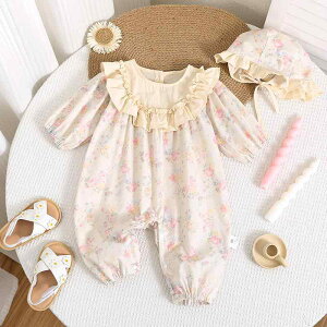 ロンパース 女の子 ベビー 春夏秋 薄手 レトロ 小花柄 フリル 丸襟 長袖 綿 カバーオール お宮参り 退院着 月齢フォト 普段着