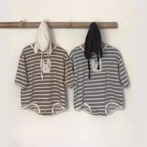 ロンパース ベビー 男女兼用 赤ちゃん 幼児 春秋 長袖 レトロ ストライプ ボーダー うさぎアップリケ 綿 コットン 肌に優しい 高品質 カバーオール ボディスーツ スナップボタン 普段着 部屋