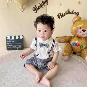 ロンパース 男の子 ベビー 新生児 夏 カバーオール ショートオール 綿 コットン 薄手 お宮参り セレモニー フォーマル お出かけ かわいい おしゃれ チェック柄 蝶ネクタイ