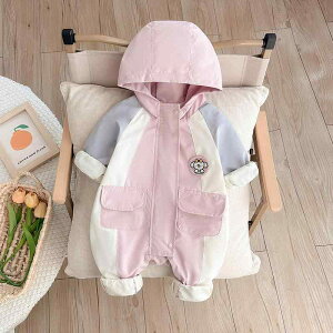 ベビー服 女の子 ロンパース カバーオール 春夏 防風 ウインドブレーカー おしゃれ かわいい 外出 お出かけ着 ポリエステル 長袖 フード付き ピンク ジップアップ 新生児 幼児