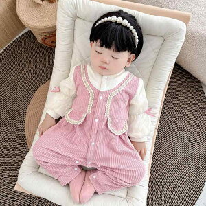 ロンパース カバーオール 女の子 ベビー 新生児 秋物 綿 コットン 長袖 かわいい プリンセス お宮参り お出かけ 普段使い ピンク ブラウン