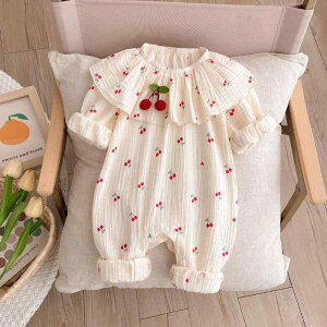 ロンパース ベビー 女の子 新生児 赤ちゃん服 かわいい チェリー柄 プリンセス風 春夏 長袖 綿混 肌に優しい 安全基準A 韓国風 お宮参り お食い初め お出かけ カバーオール ピンク ベージュ