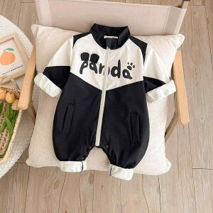 カバーオール ロンパース ベビー 男の子 春秋冬 お出かけ 防風 ウインドブレーカー パンダ柄 かわいい おしゃれ 新生児 長袖 ポリエステル ジッパー 黒