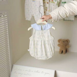 ロンパース 女の子 ベビー服 小花柄 ノースリーブ オールインワン 綿 薄手 春夏 ブルー かわいい 赤ちゃん 出産祝い お宮参り 普段着 肌着