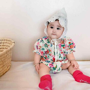 ロンパース 女の子 ベビー服 春夏 薄手 かわいい プリンセス風 小花柄 パフスリーブ フレアスカート パープル コットン100% 半袖 おしゃれ お出かけ お宮参り 出産祝い ギフト 韓国風