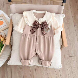 ロンパース 女の子 女児 新生児 ベビー 春秋 綿 コットン 長袖 前開き プリンセス風 かわいい おしゃれ お出かけ用 普段使い セレモニー 退院着 お宮参り 百日祝い ブラウン 茶色