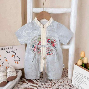 ロンパース ベビー 男の子 中国風 唐装 新生児 お宮参り 百日祝い 1歳 誕生日 祝い着 セレモニードレス フォーマル 春夏 薄手 半袖 コットン ライトブルー
