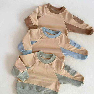 トレーナー ベビー キッズ 幼児 綿 コットン 長袖 プルオーバー 無地 配色 切り替え袖 快適 柔らかい肌触り おしゃれ カジュアル 韓国ファッション 春秋