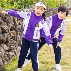 ジャージ キッズ ジュニア 男女兼用 春秋 3点セット 制服 体育着 運動着 運動会 通学 小学生 幼稚園 長袖 ロングパンツ 半袖Tシャツ 学院風 コットン パステルカラー パープル カジュアル