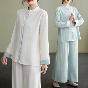 太極拳ウェア レディース 春夏 綿麻 ゆったり レトロ 禅 瞑想 練習着 部屋着 ルームウェア 上下セット 2点セット セットアップ ホワイト ライトグリーン カジュアル 普段使い