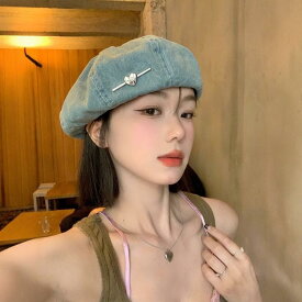ベレー帽 レディース ハート デニム ウォッシュ加工 デニムブルー 春夏 小顔効果 レトロ 高級感 カジュアル 万能 UVカット 日よけ 通気性 丸いフォルム