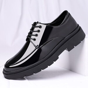メンズ 革靴 合皮 艶あり 光沢 ビジネス カジュアル ドレス ラウンドトゥ レースアップ 防水 防滑 耐摩耗 ブラック 紳士靴