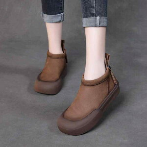 ショートブーツ レディース 本革 牛革 バックジップ ローヒール クッションソール ラウンドトゥ アンクル丈 レトロ 森ガール スタイル カジュアル 秋冬 ライトグレー カーキ 裏地なし 裏ボ