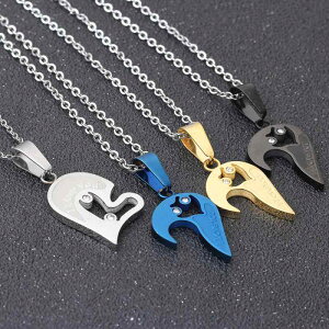 ネックレス ペア メンズ レディース ステンレス チタン鋼 ハート I Love you ペンダント 蛇骨チェーン 電気メッキ加工 ブルー ブラック ゴールド カップル 普段使い ユニセックス