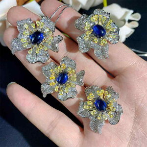 ジュエリーセット レディース サファイアカラー ジルコニア ネックレス ピアス 指輪 花びら フラワーモチーフ 銅製 高級感 ライトラグジュアリー エレガント 通勤スタイル ファッションア