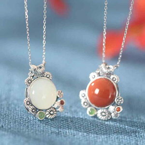 ネックレス レディース 南紅瑪瑙 シルバー925 蓮 魚 タイシルバー 燻し銀 古典 中国風 オリエンタル エスニック ペンダント 鎖骨チェーン 天然石 ショートネックレス デイリーユース