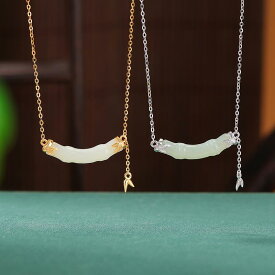 ネックレス レディース 925純銀 和田玉 金メッキ レトロ 竹節 竹葉彫刻 オリエンタル O字チェーン 開運 ペンダント 繊細 エレガント