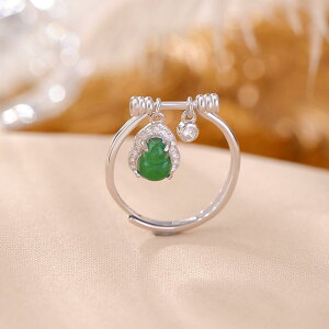 指輪 レディース S925純銀 シルバー925 翡翠 ジェイド ミニひょうたん ベルチャーム 繊細 上品 高級感 オープンリング フリーサイズ サイズ調整可能 個性的 レトロ 普段使い デイリーユース フ