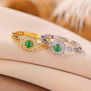 指輪 レディース S925純銀製 ゴールドメッキ 翡翠 レトロ調 上品な輝き 幾何学デザイン スクエア 丸玉 連結 シルバーリング フリーサイズ デイリーユース